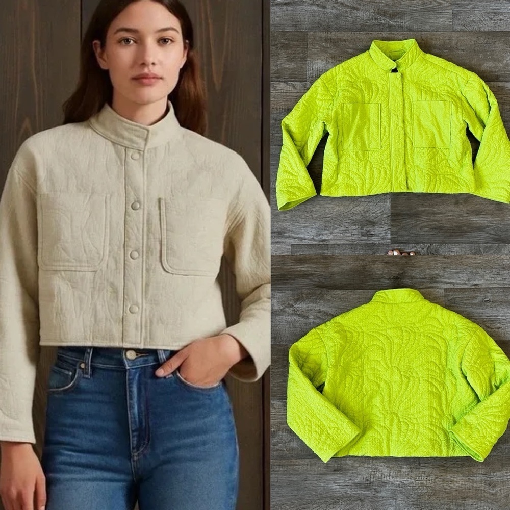 7 For All Mankind Quilted Boxy Cropped Jacket in Lime Green